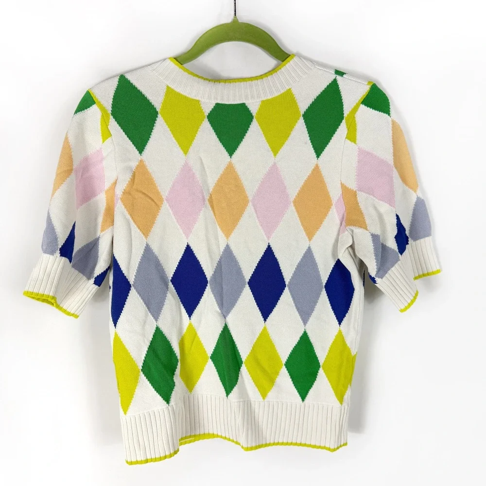 Kate Spade Sprint Argyle Sweater Ivory V-Neck Short Sleeve Top Women Sz S